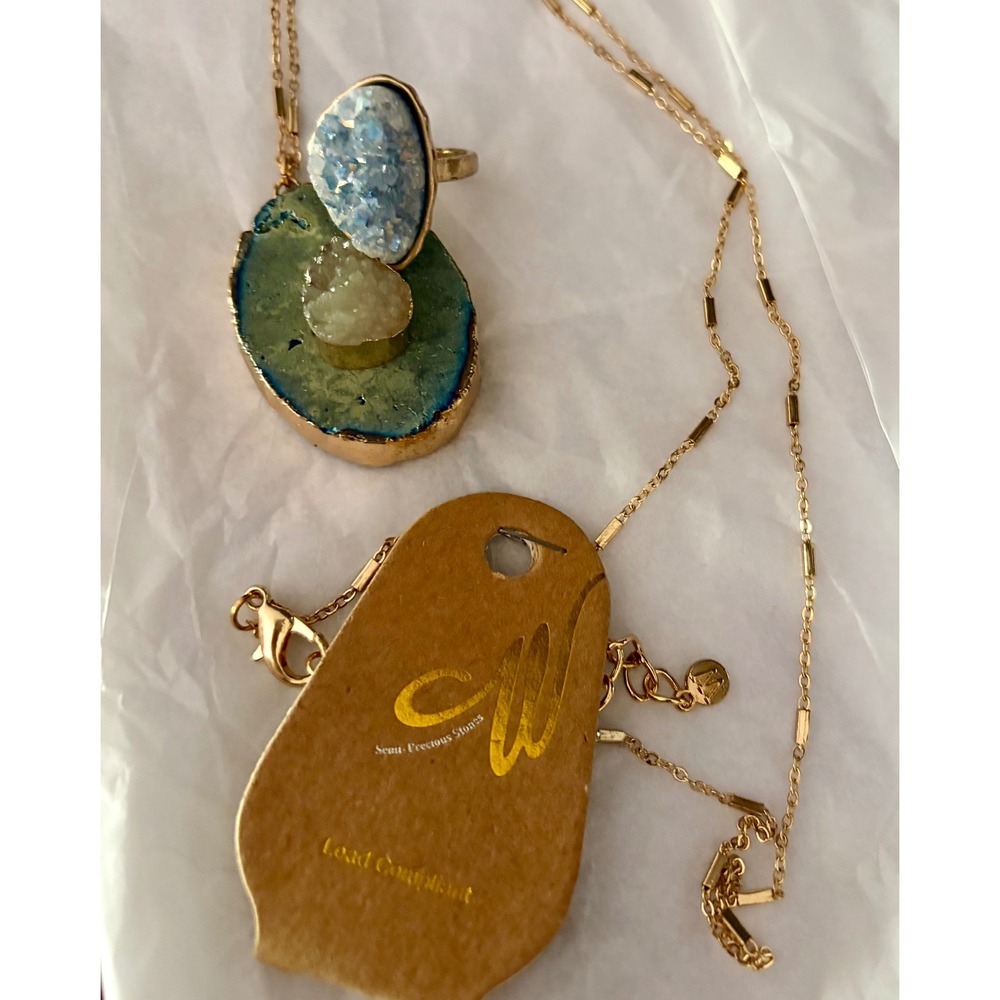 Kendra‎ Scott Druzy Ring & Wanderlust + Co Agate Necklace Gold Plated Set